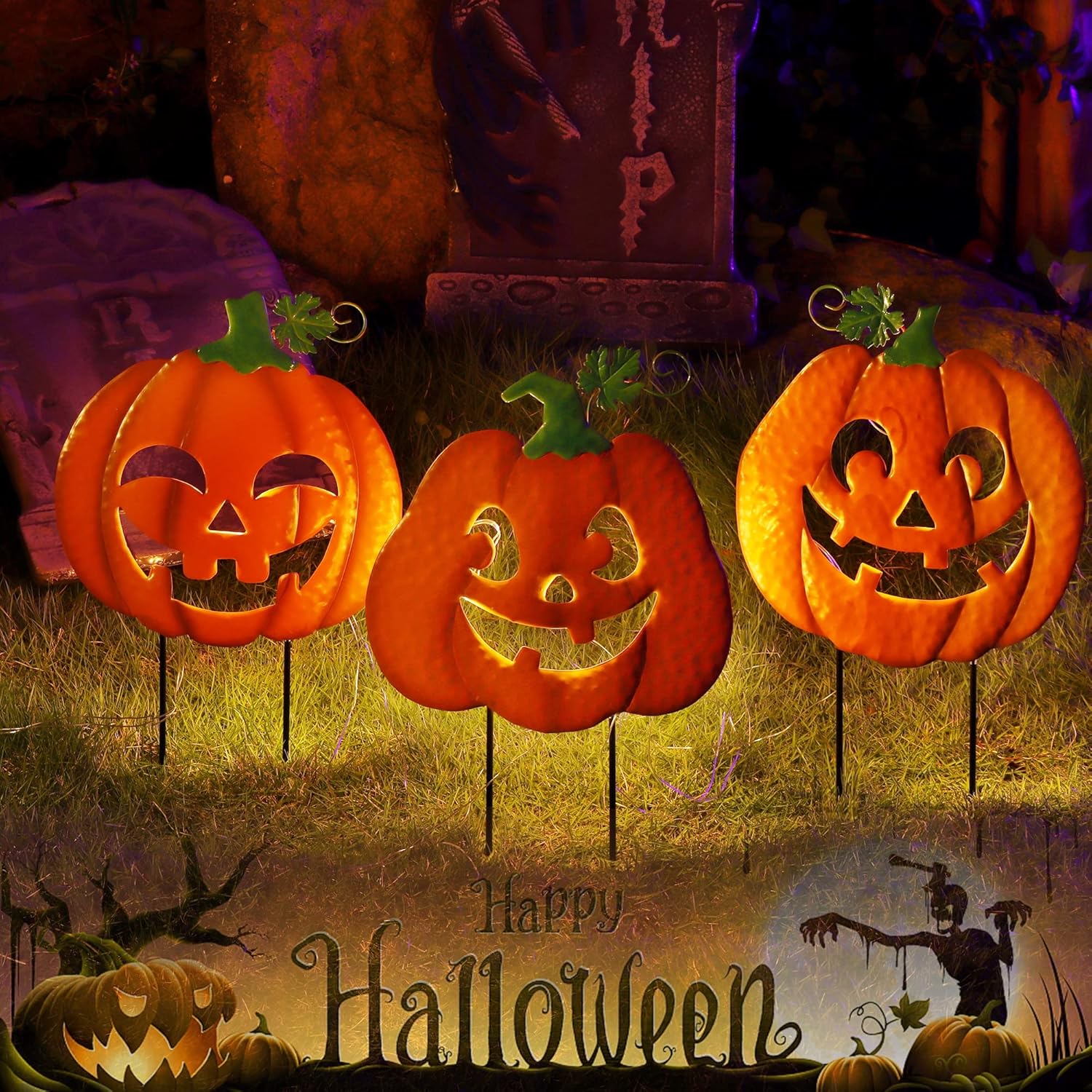 Juegoal lighted pumpkin garden stakes set